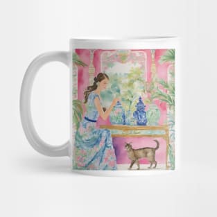 Girl in preppy dress and her cat in chinoiserie interior Mug